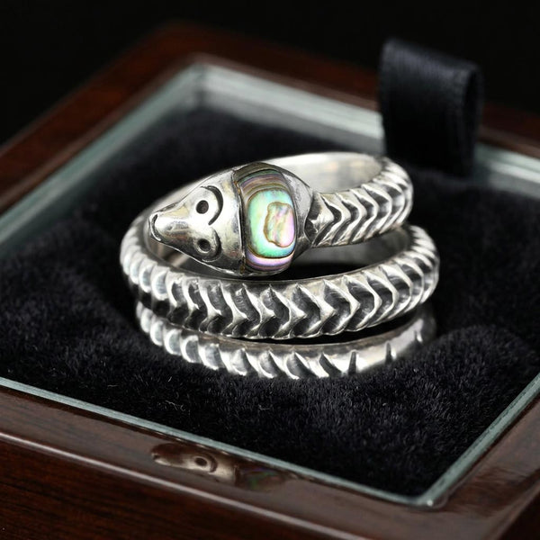 Vintage Taxco Sterling Silver Serpent Ring with Abalone