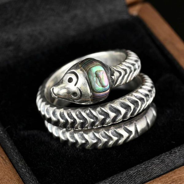 Vintage Taxco Sterling Silver Serpent Ring with Abalone