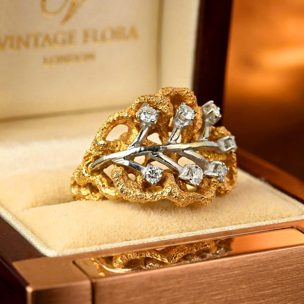Vintage 14K Gold Diamond Cluster Leaf Ring
