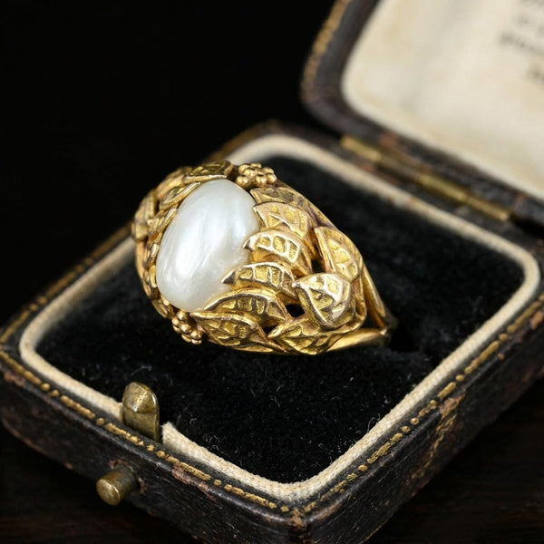 Arts & Crafts Baroque Pearl Ring 10K Gold Botanical