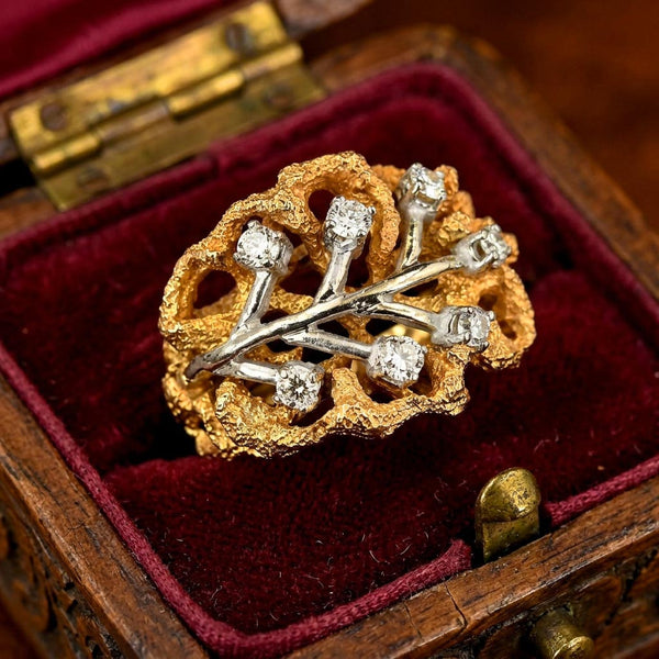 Vintage 14K Gold Diamond Cluster Leaf Ring