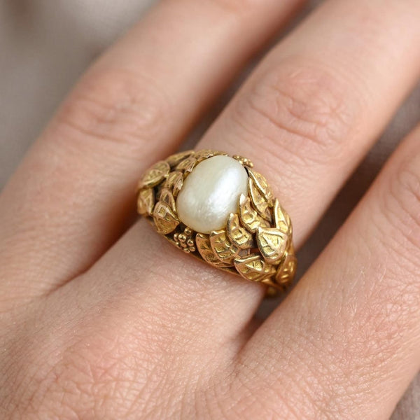 Arts & Crafts Baroque Pearl Ring 10K Gold Botanical