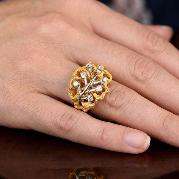 Vintage 14K Gold Diamond Cluster Leaf Ring