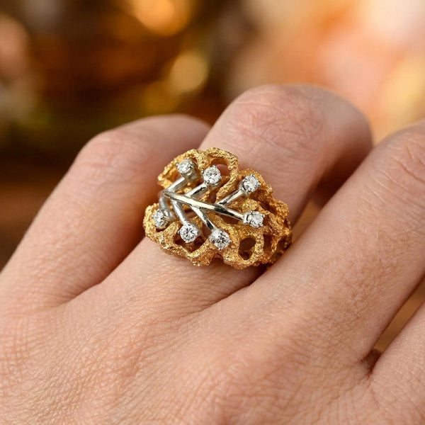 Vintage 14K Gold Diamond Cluster Leaf Ring