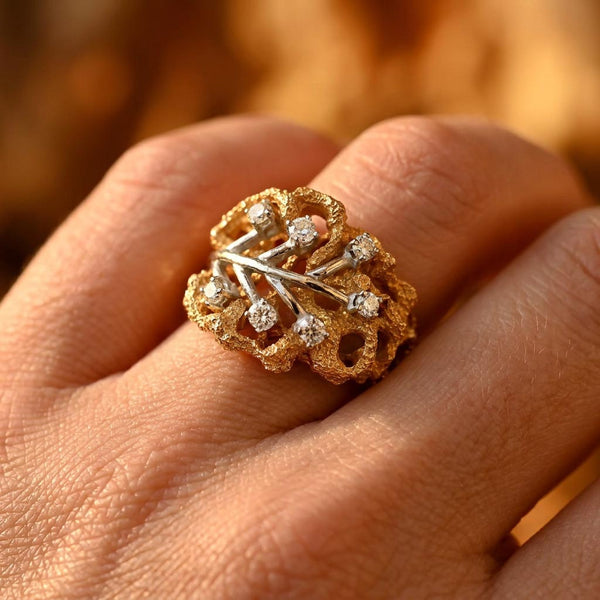 Vintage 14K Gold Diamond Cluster Leaf Ring