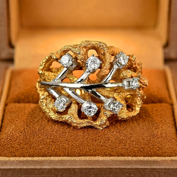 Vintage 14K Gold Diamond Cluster Leaf Ring