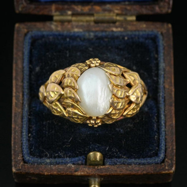 Arts & Crafts Baroque Pearl Ring 10K Gold Botanical