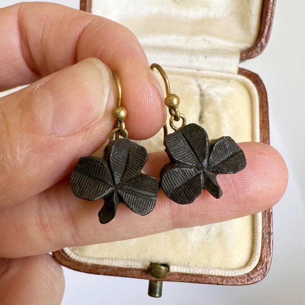 Antique Victorian Irish Bog Oak Shamrock Earrings