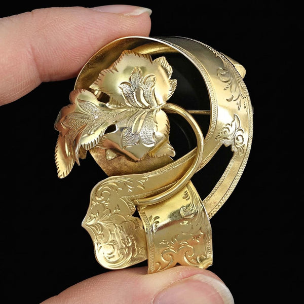 Antique Victorian Gold Gilt Silver Leaf Brooch, 1885 Swedish