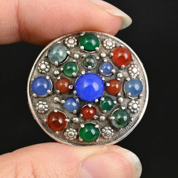Arts & Crafts Chalcedony & Gemstone Silver Brooch
