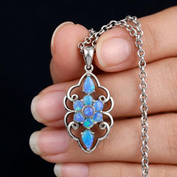 Australian Blue Opal Floral Pendant, Sterling Silver Necklace