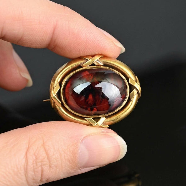 Antique Victorian Garnet Mourning Hairwork Brooch