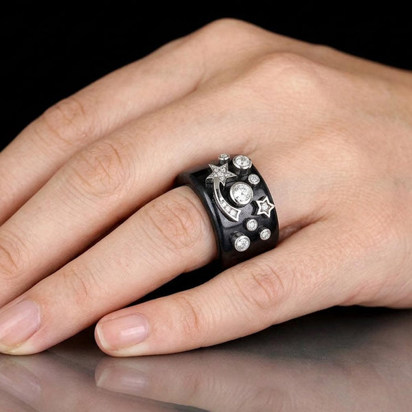 Black Jade Moissanite Star Ring Sterling Silver