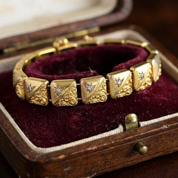 Antique Victorian 14K Gold Diamond Star Link Bracelet