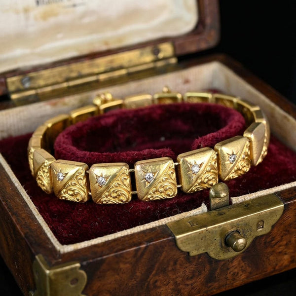 Antique Victorian 14K Gold Diamond Star Link Bracelet
