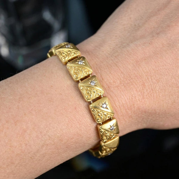 Antique Victorian 14K Gold Diamond Star Link Bracelet