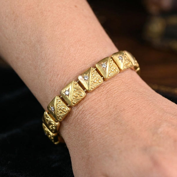 Antique Victorian 14K Gold Diamond Star Link Bracelet