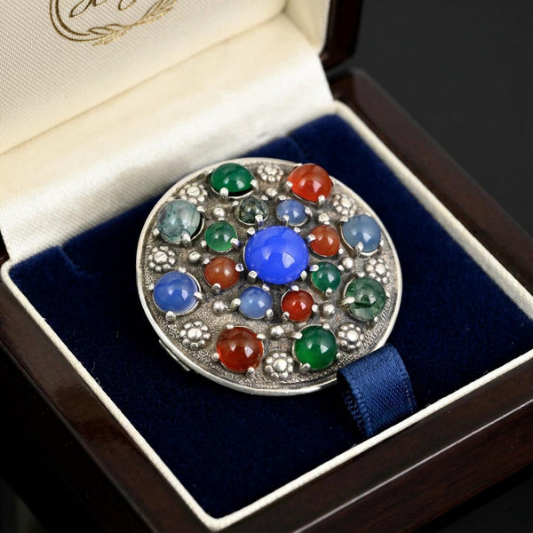 Arts & Crafts Chalcedony & Gemstone Silver Brooch