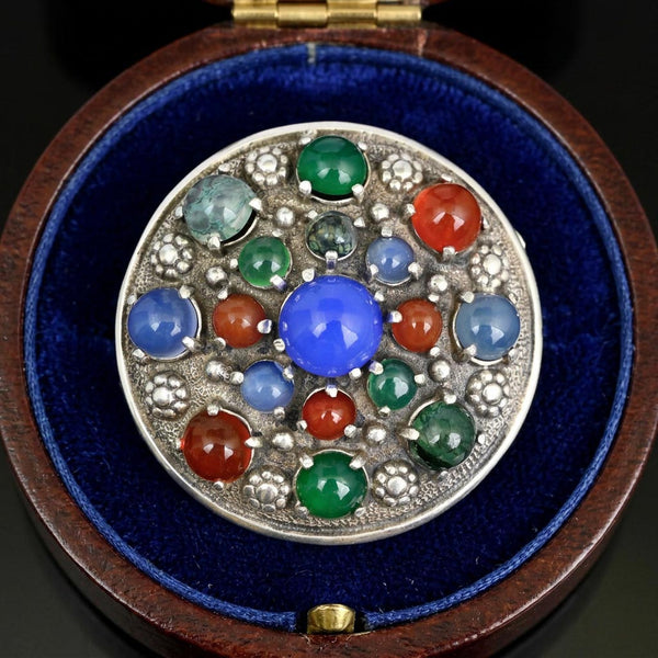 Arts & Crafts Chalcedony & Gemstone Silver Brooch