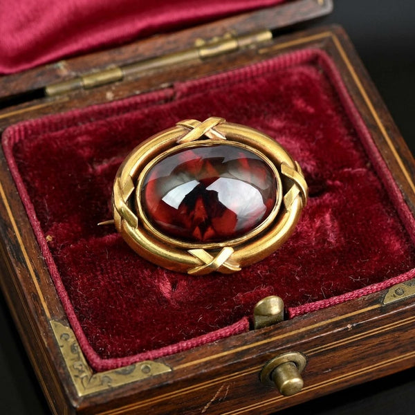 Antique Victorian Garnet Mourning Hairwork Brooch