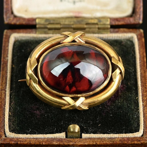Antique Victorian Garnet Mourning Hairwork Brooch