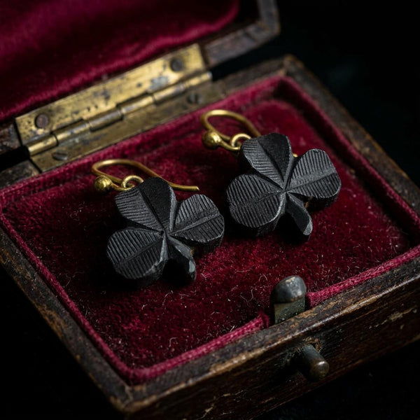 Antique Victorian Irish Bog Oak Shamrock Earrings