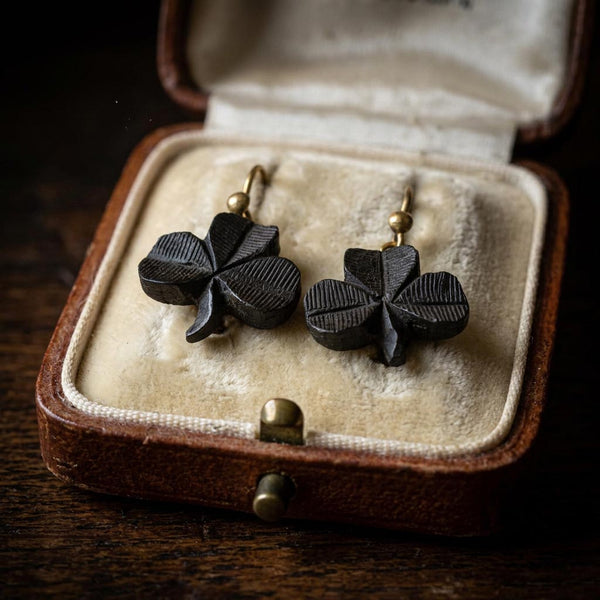 Antique Victorian Irish Bog Oak Shamrock Earrings