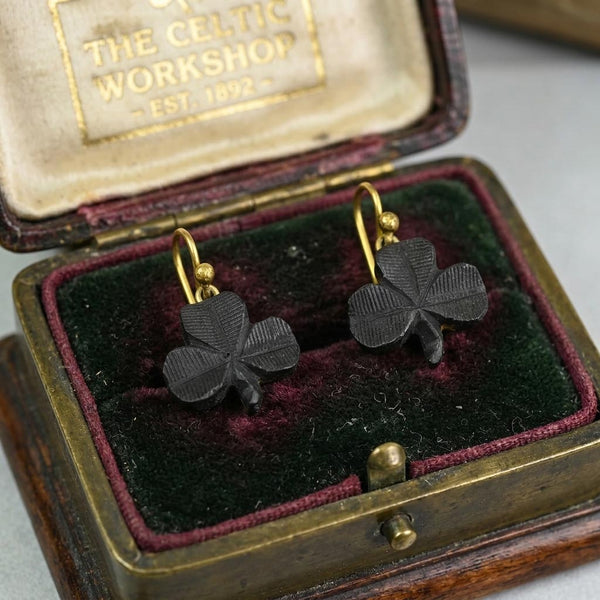 Antique Victorian Irish Bog Oak Shamrock Earrings
