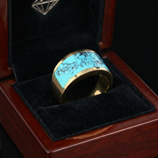 Vintage 14K Gold Turquoise Inlay Band Ring, 11.1 Grams