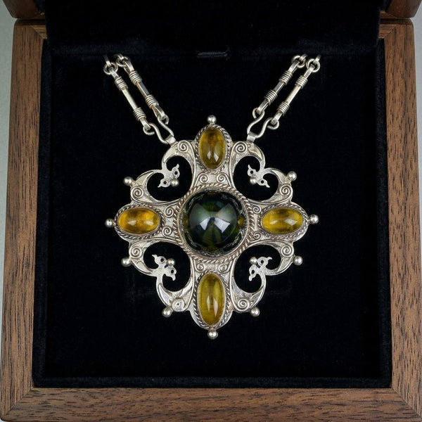 Arts & Crafts Green Tourmaline Citrine Pendant Necklace