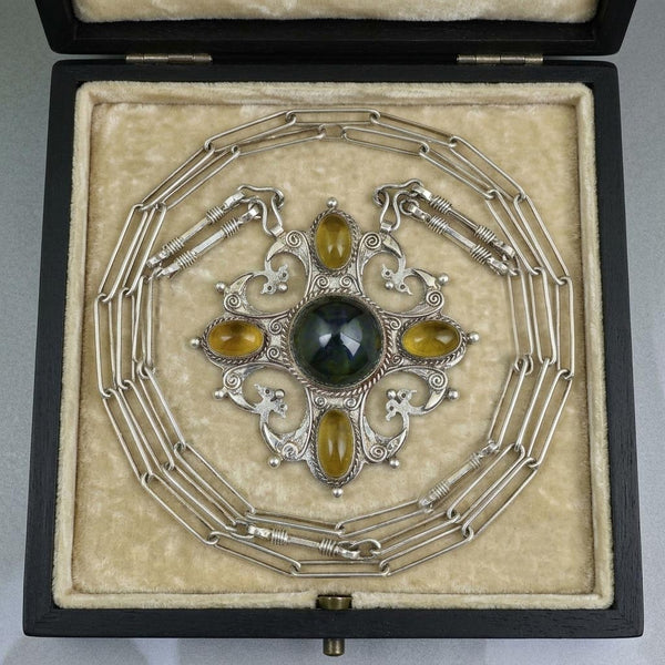 Arts & Crafts Green Tourmaline Citrine Pendant Necklace