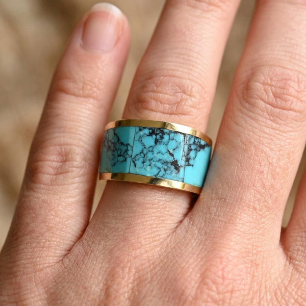 Vintage 14K Gold Turquoise Inlay Band Ring, 11.1 Grams