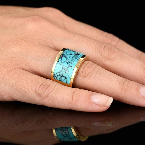 Vintage 14K Gold Turquoise Inlay Band Ring, 11.1 Grams