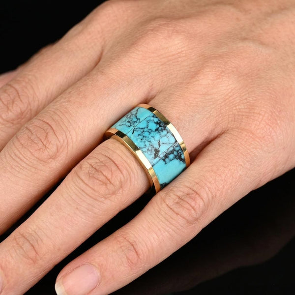 Vintage 14K Gold Turquoise Inlay Band Ring, 11.1 Grams