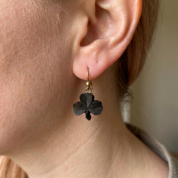 Antique Victorian Irish Bog Oak Shamrock Earrings