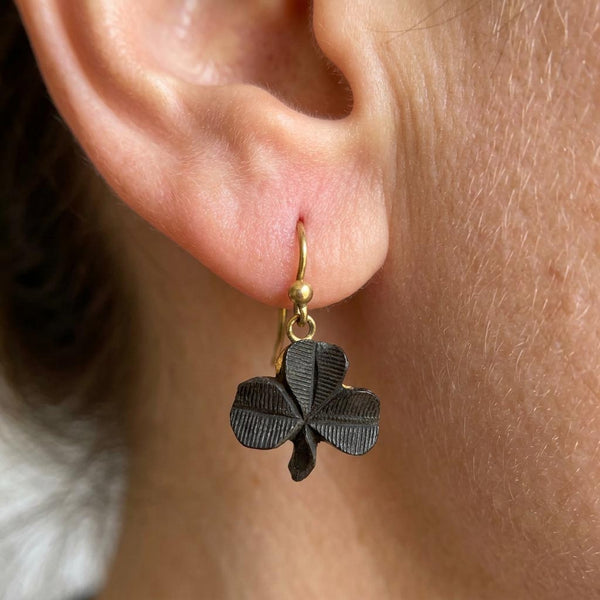 Antique Victorian Irish Bog Oak Shamrock Earrings