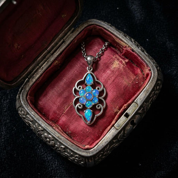 Australian Blue Opal Floral Pendant, Sterling Silver Necklace