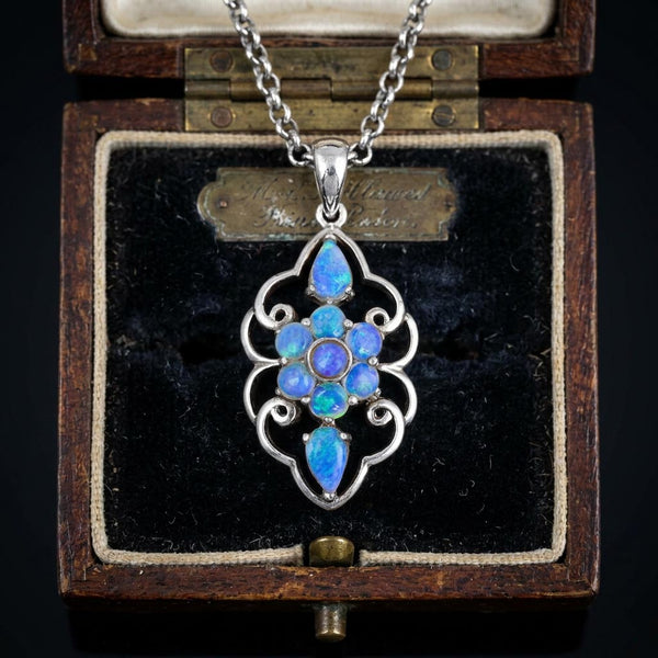 Australian Blue Opal Floral Pendant, Sterling Silver Necklace