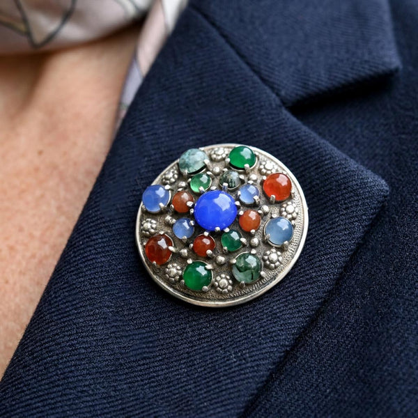 Arts & Crafts Chalcedony & Gemstone Silver Brooch