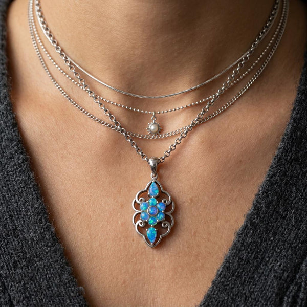 Australian Blue Opal Floral Pendant, Sterling Silver Necklace