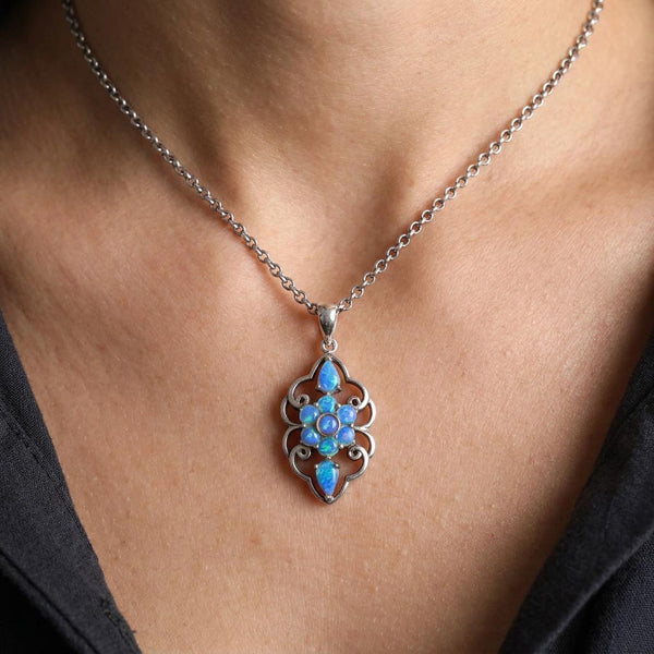 Australian Blue Opal Floral Pendant, Sterling Silver Necklace