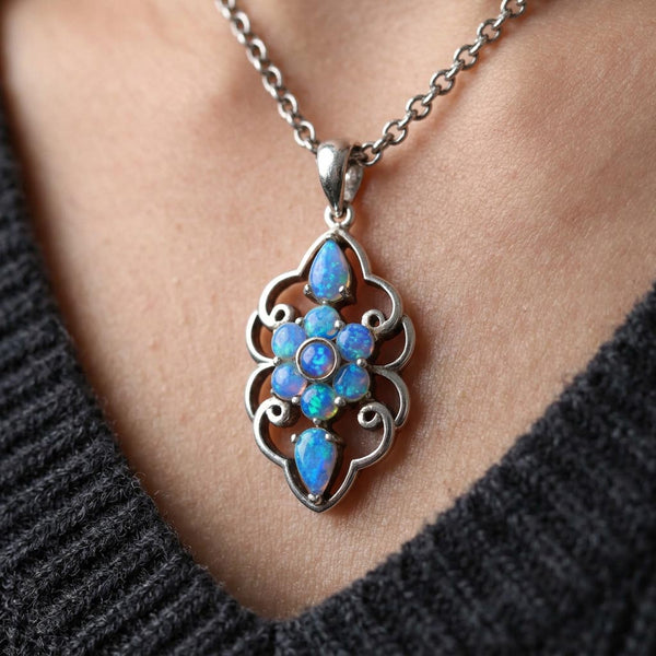 Australian Blue Opal Floral Pendant, Sterling Silver Necklace