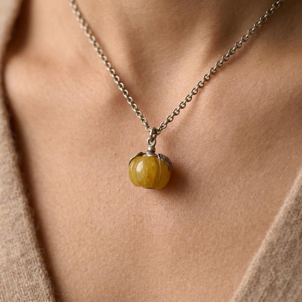 Vintage Yellow Jadeite Pumpkin Pendant, Sterling Silver