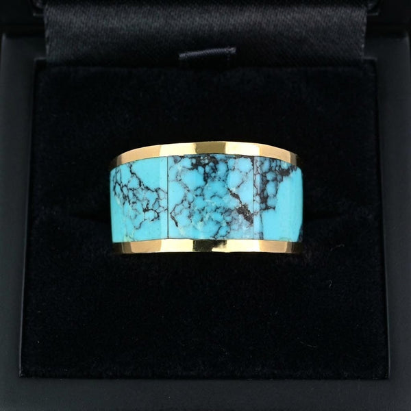 Vintage 14K Gold Turquoise Inlay Band Ring, 11.1 Grams