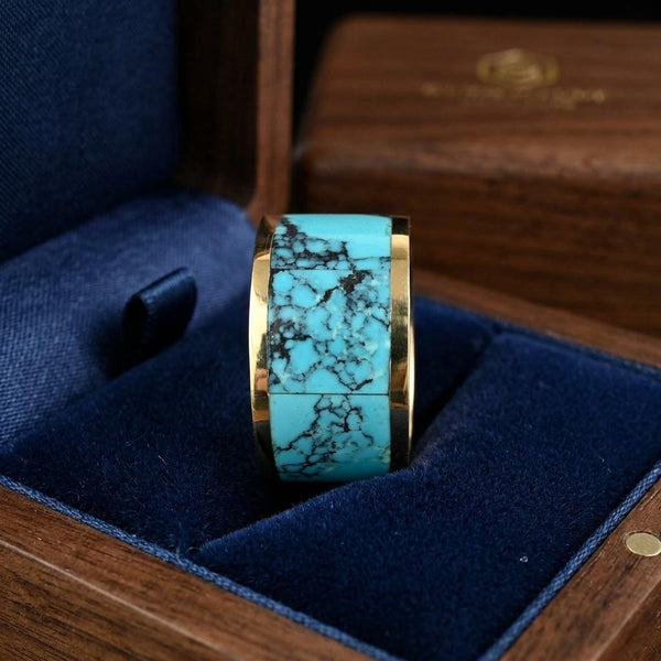 Vintage 14K Gold Turquoise Inlay Band Ring, 11.1 Grams