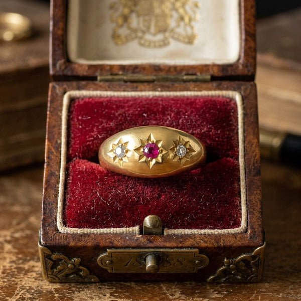 Antique Edwardian 18K Gold Ruby Diamond Gypsy Ring