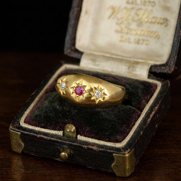 Antique Edwardian 18K Gold Ruby Diamond Gypsy Ring