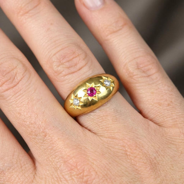 Antique Edwardian 18K Gold Ruby Diamond Gypsy Ring