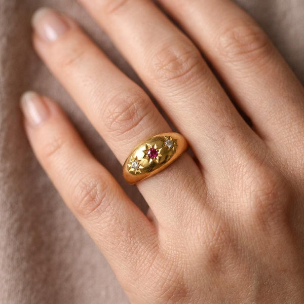 Antique Edwardian 18K Gold Ruby Diamond Gypsy Ring