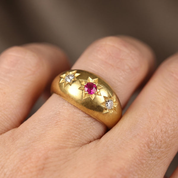Antique Edwardian 18K Gold Ruby Diamond Gypsy Ring